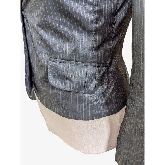 H&M One Button Blazer Womens 6 Gray Shiny Jacket Pinstripe Puff Sleeve Pockets - Picture 5 of 10